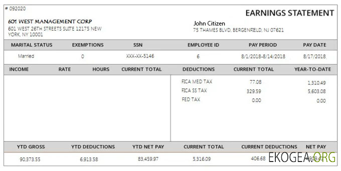 Modèle de fiche de paie USA 601 WEST Management Corporation aux formats Word et PDF